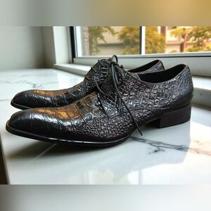 Wolf Valley Leather Crocodile Embossed Oxford Derbys Mens Black Pointed Toe 44